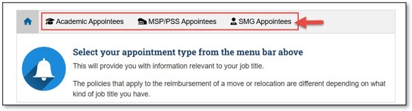 Navigation bar on moving website showing three types of appointments