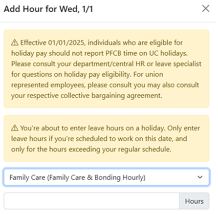 PFCB on a holiday warning screen in TRS