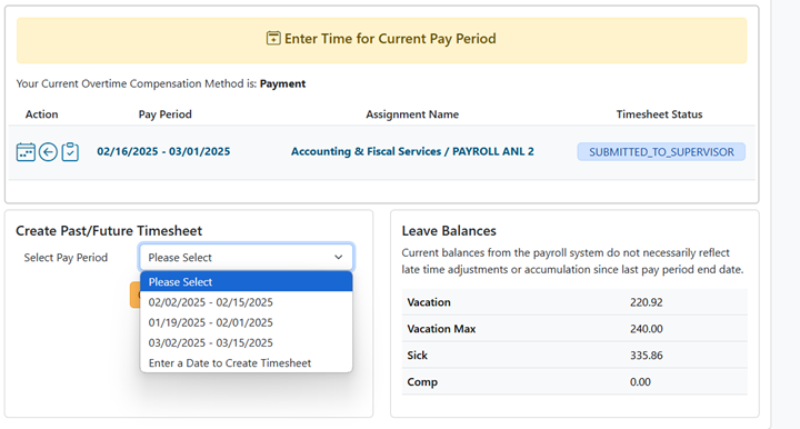 Screenshot of pay period drop down menu