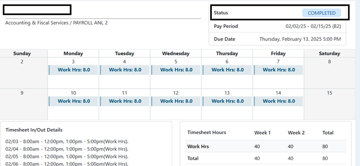 Screenshot showing status in TRS timesheet