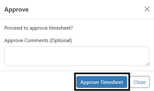 Approve Timesheet button highlighted in TRS pop-up