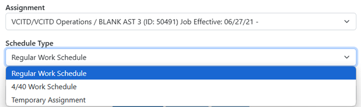 Schedule drop down menu