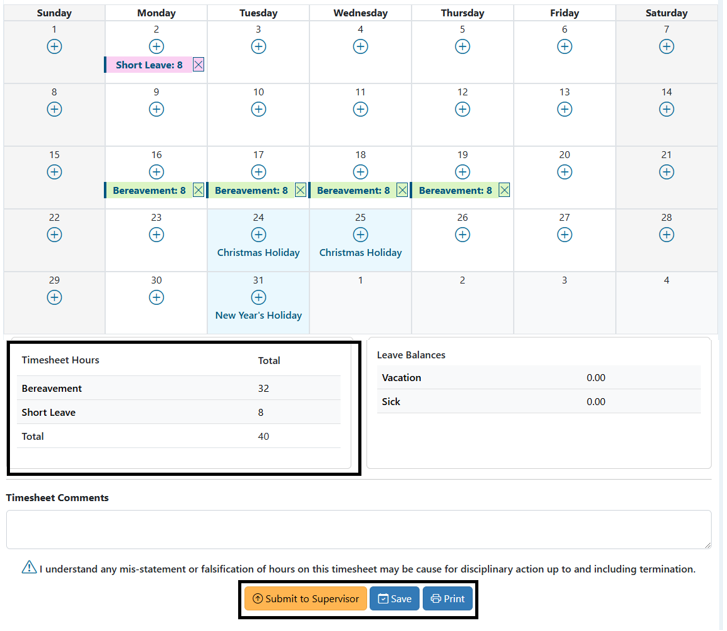 Completed timesheet with summary at bottom highlighted