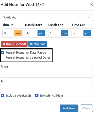 Repeat Hours for Date Range is selected