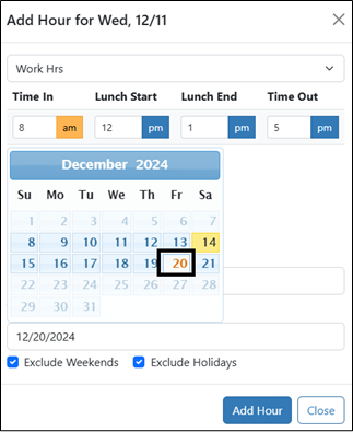 The 20th is selected in a pop up calendar. 
