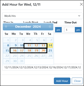 Multiple dates are selected from a pop-up calendar.