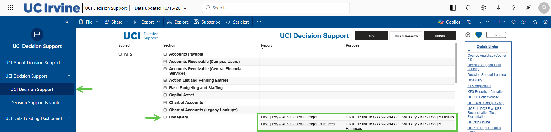 DW query section of Decision Support with GL and GL balance. 