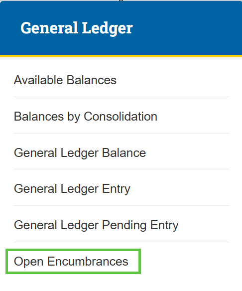  Zot Portal General Ledger section with Open Encumbrances highlighted.