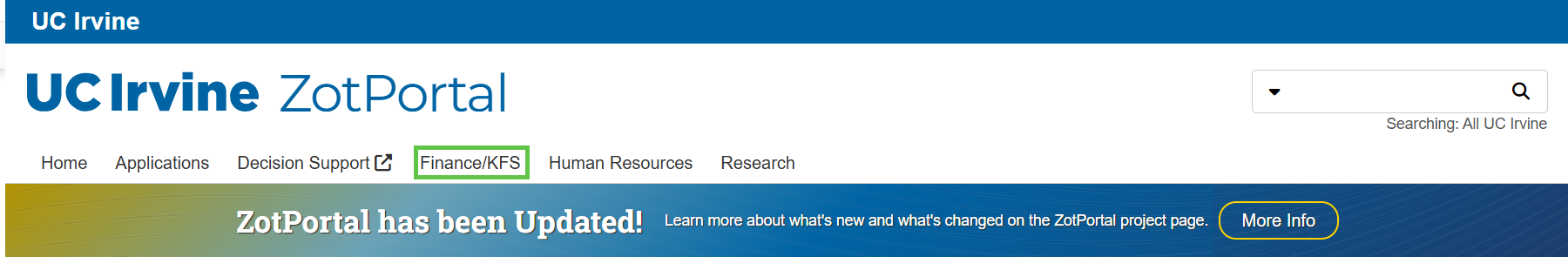 ZotPortal Homepage, Finance/KFS Tab