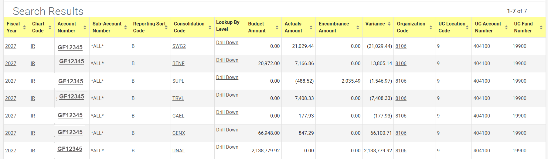 Balances by Consolidation search results by Consolidation Code.